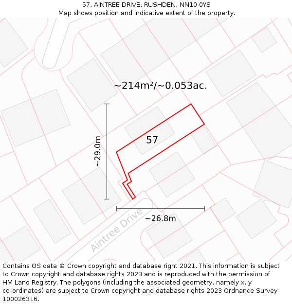 57, AINTREE DRIVE, RUSHDEN, NN10 0YS: Plot and title map