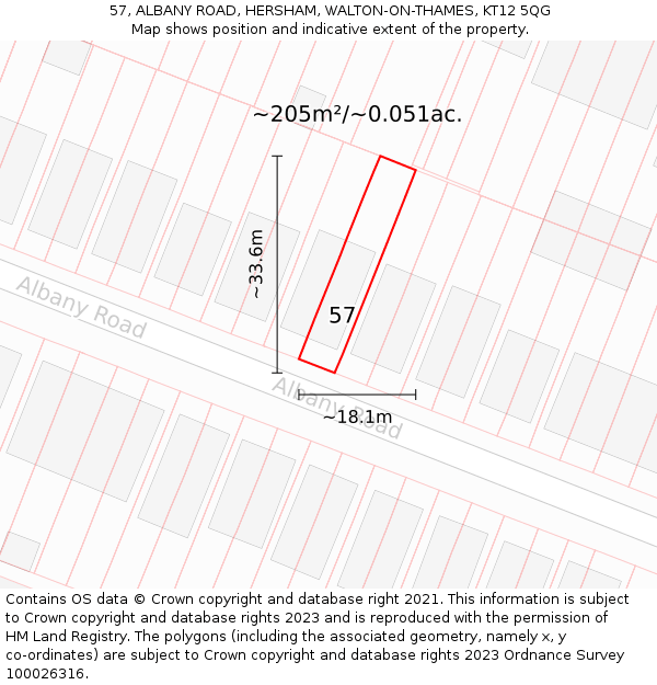 57, ALBANY ROAD, HERSHAM, WALTON-ON-THAMES, KT12 5QG: Plot and title map