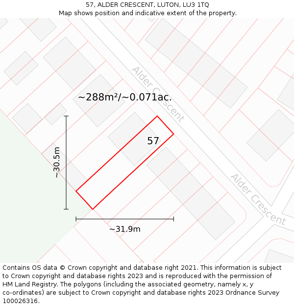 57, ALDER CRESCENT, LUTON, LU3 1TQ: Plot and title map