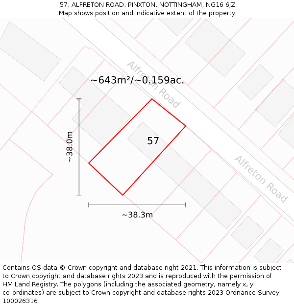 57, ALFRETON ROAD, PINXTON, NOTTINGHAM, NG16 6JZ: Plot and title map