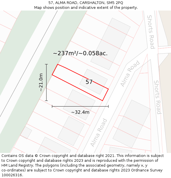 57, ALMA ROAD, CARSHALTON, SM5 2PQ: Plot and title map