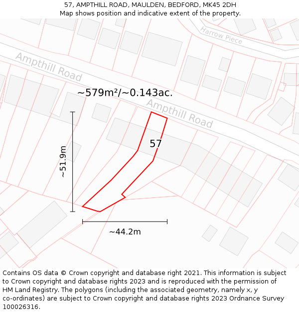 57, AMPTHILL ROAD, MAULDEN, BEDFORD, MK45 2DH: Plot and title map