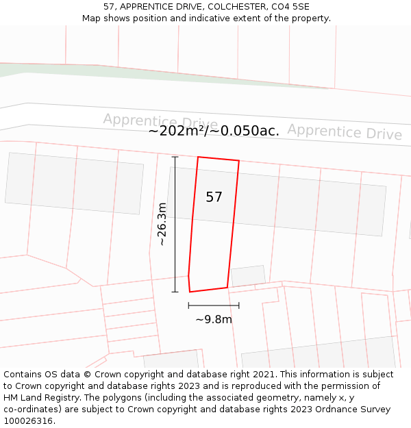 57, APPRENTICE DRIVE, COLCHESTER, CO4 5SE: Plot and title map