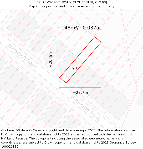 57, ARMSCROFT ROAD, GLOUCESTER, GL2 0SJ: Plot and title map