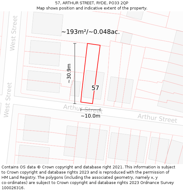 57, ARTHUR STREET, RYDE, PO33 2QP: Plot and title map