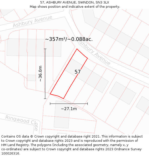 57, ASHBURY AVENUE, SWINDON, SN3 3LX: Plot and title map