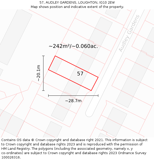 57, AUDLEY GARDENS, LOUGHTON, IG10 2EW: Plot and title map