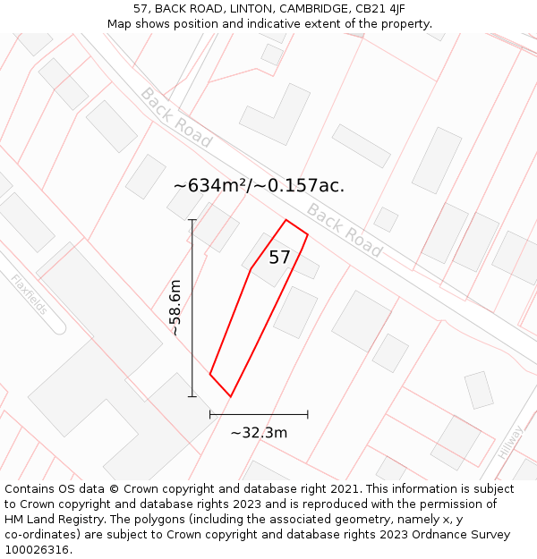 57, BACK ROAD, LINTON, CAMBRIDGE, CB21 4JF: Plot and title map