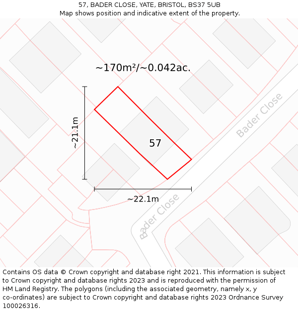 57, BADER CLOSE, YATE, BRISTOL, BS37 5UB: Plot and title map