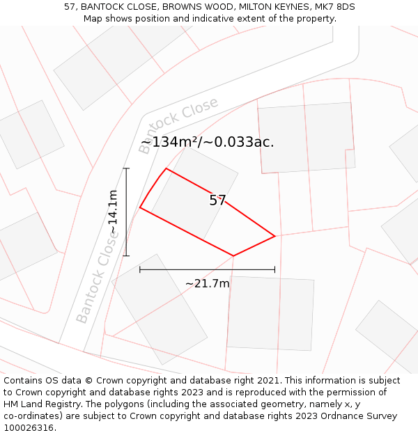 57, BANTOCK CLOSE, BROWNS WOOD, MILTON KEYNES, MK7 8DS: Plot and title map