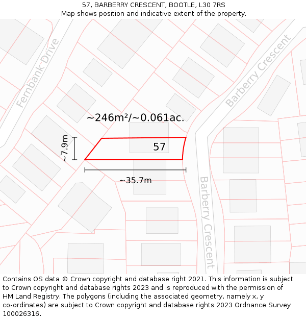 57, BARBERRY CRESCENT, BOOTLE, L30 7RS: Plot and title map