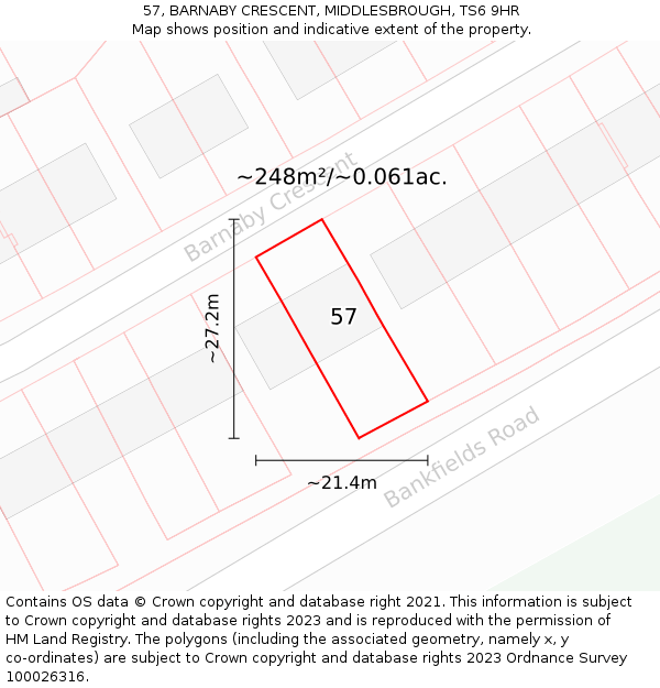 57, BARNABY CRESCENT, MIDDLESBROUGH, TS6 9HR: Plot and title map