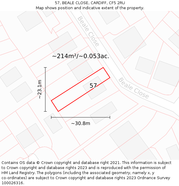 57, BEALE CLOSE, CARDIFF, CF5 2RU: Plot and title map