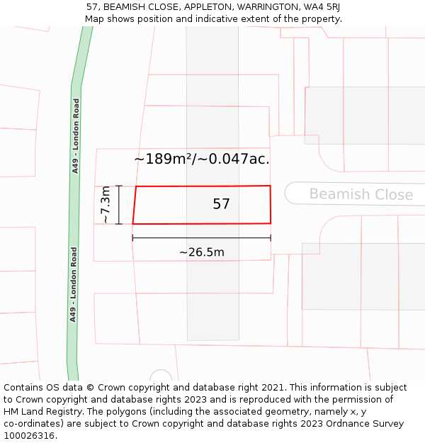57, BEAMISH CLOSE, APPLETON, WARRINGTON, WA4 5RJ: Plot and title map