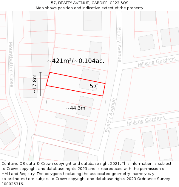 57, BEATTY AVENUE, CARDIFF, CF23 5QS: Plot and title map