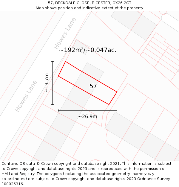 57, BECKDALE CLOSE, BICESTER, OX26 2GT: Plot and title map