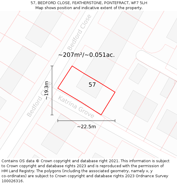 57, BEDFORD CLOSE, FEATHERSTONE, PONTEFRACT, WF7 5LH: Plot and title map