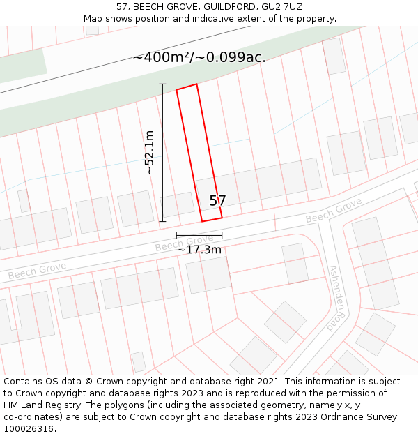 57, BEECH GROVE, GUILDFORD, GU2 7UZ: Plot and title map