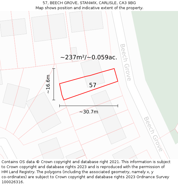 57, BEECH GROVE, STANWIX, CARLISLE, CA3 9BG: Plot and title map