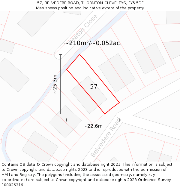 57, BELVEDERE ROAD, THORNTON-CLEVELEYS, FY5 5DF: Plot and title map