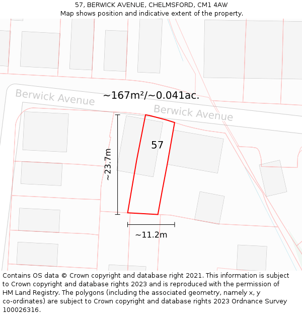 57, BERWICK AVENUE, CHELMSFORD, CM1 4AW: Plot and title map