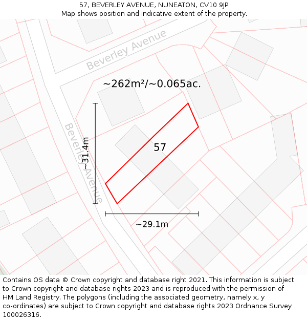 57, BEVERLEY AVENUE, NUNEATON, CV10 9JP: Plot and title map