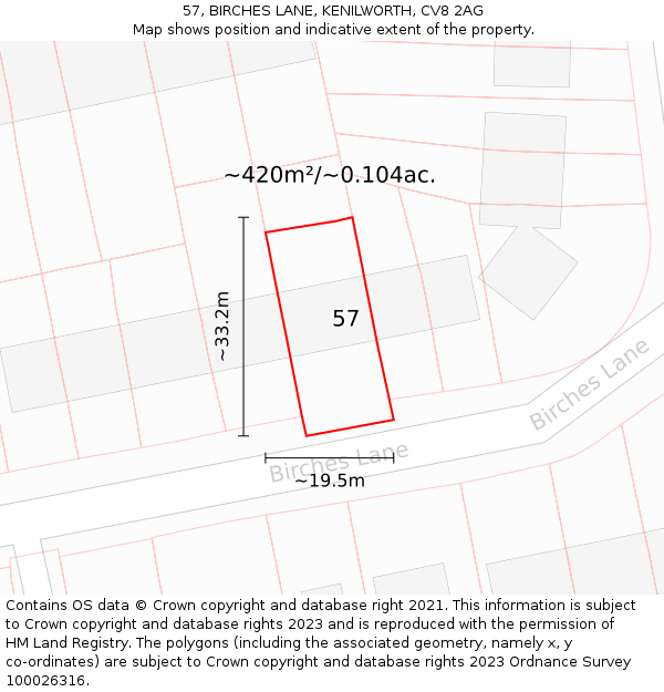 57, BIRCHES LANE, KENILWORTH, CV8 2AG: Plot and title map