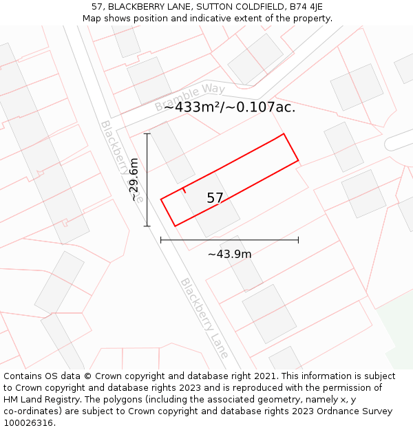 57, BLACKBERRY LANE, SUTTON COLDFIELD, B74 4JE: Plot and title map