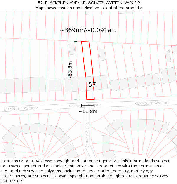 57, BLACKBURN AVENUE, WOLVERHAMPTON, WV6 9JP: Plot and title map