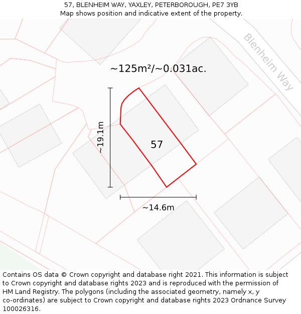 57, BLENHEIM WAY, YAXLEY, PETERBOROUGH, PE7 3YB: Plot and title map