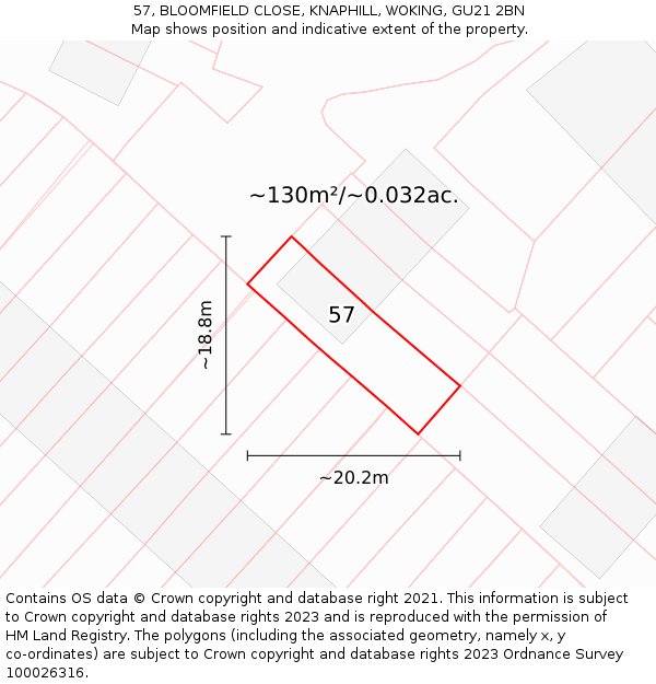 57, BLOOMFIELD CLOSE, KNAPHILL, WOKING, GU21 2BN: Plot and title map