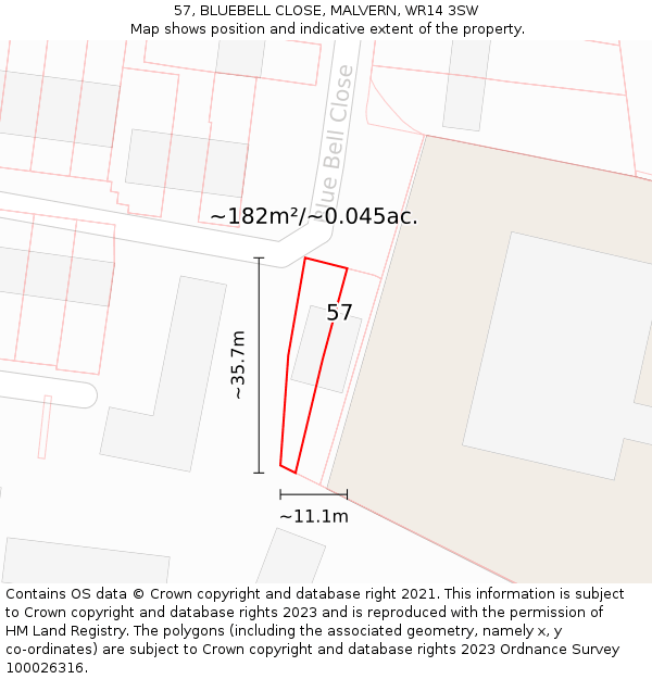57, BLUEBELL CLOSE, MALVERN, WR14 3SW: Plot and title map