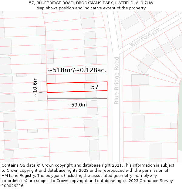 57, BLUEBRIDGE ROAD, BROOKMANS PARK, HATFIELD, AL9 7UW: Plot and title map