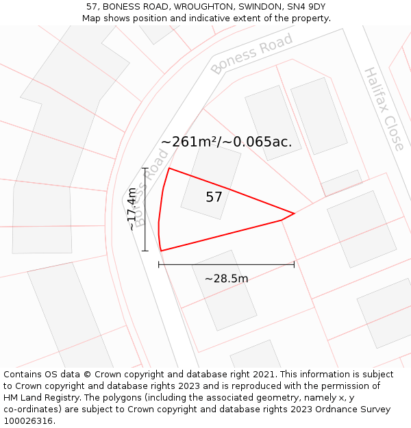 57, BONESS ROAD, WROUGHTON, SWINDON, SN4 9DY: Plot and title map