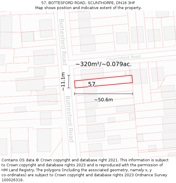 57, BOTTESFORD ROAD, SCUNTHORPE, DN16 3HF: Plot and title map