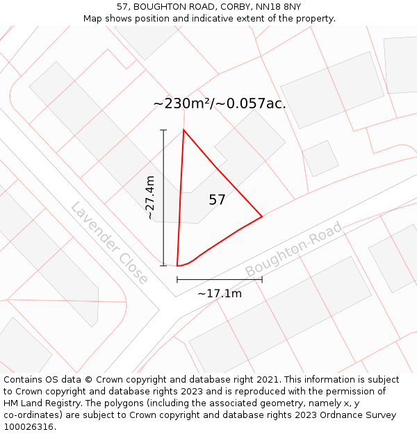57, BOUGHTON ROAD, CORBY, NN18 8NY: Plot and title map