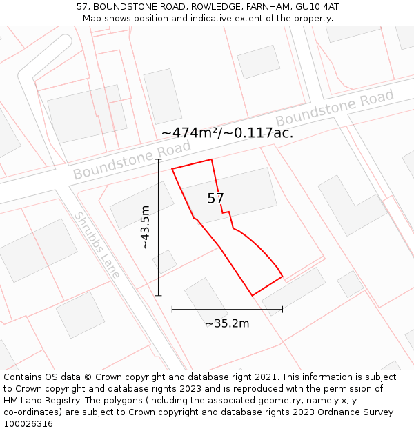 57, BOUNDSTONE ROAD, ROWLEDGE, FARNHAM, GU10 4AT: Plot and title map