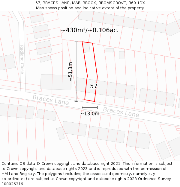57, BRACES LANE, MARLBROOK, BROMSGROVE, B60 1DX: Plot and title map