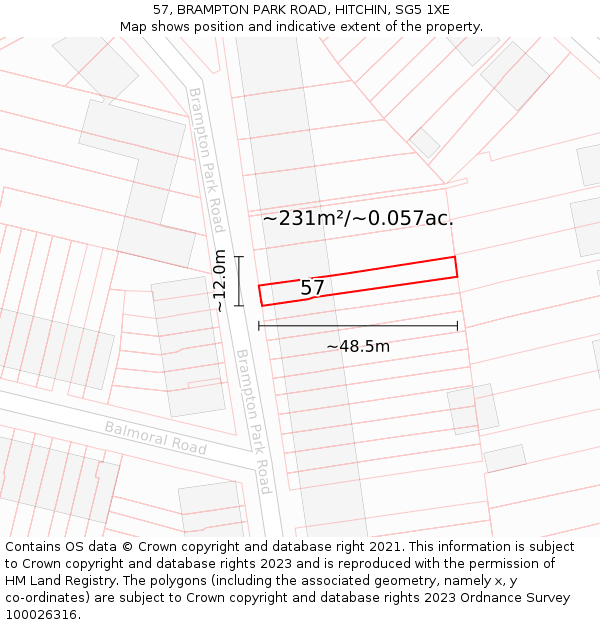 57, BRAMPTON PARK ROAD, HITCHIN, SG5 1XE: Plot and title map