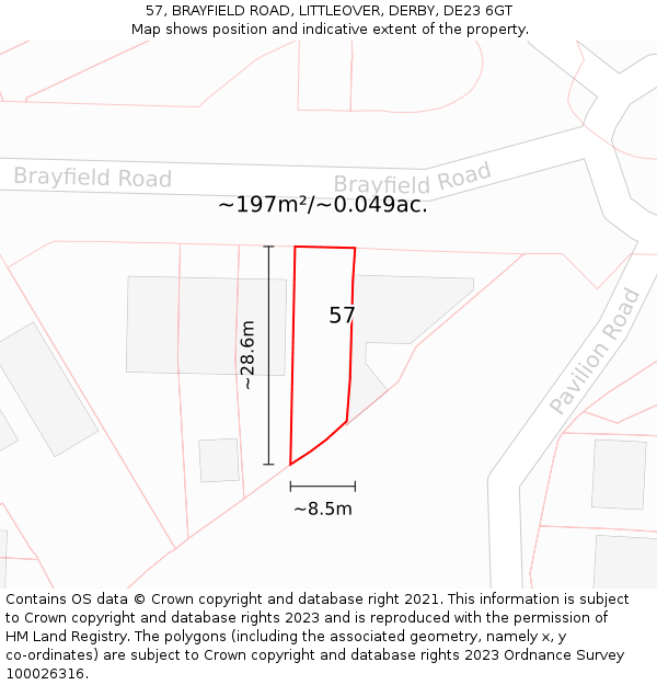 57, BRAYFIELD ROAD, LITTLEOVER, DERBY, DE23 6GT: Plot and title map