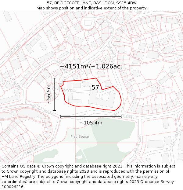 57, BRIDGECOTE LANE, BASILDON, SS15 4BW: Plot and title map
