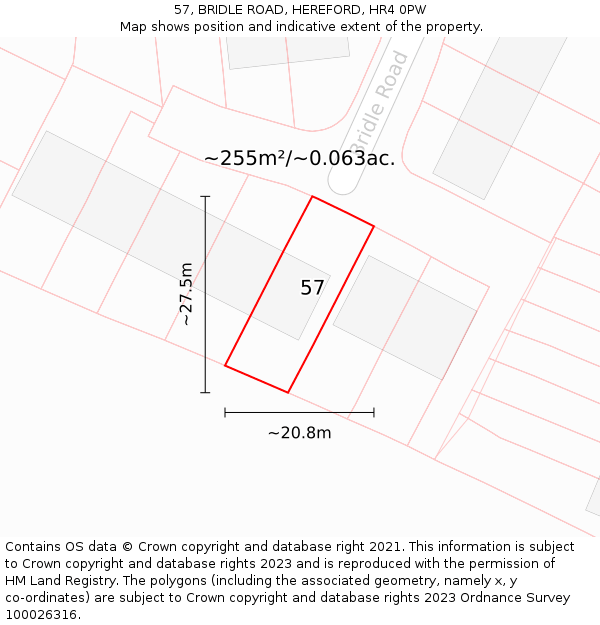 57, BRIDLE ROAD, HEREFORD, HR4 0PW: Plot and title map