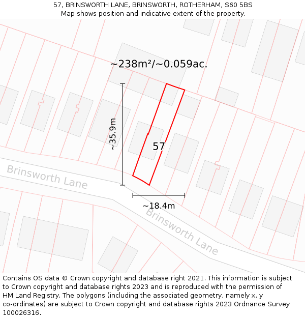 57, BRINSWORTH LANE, BRINSWORTH, ROTHERHAM, S60 5BS: Plot and title map