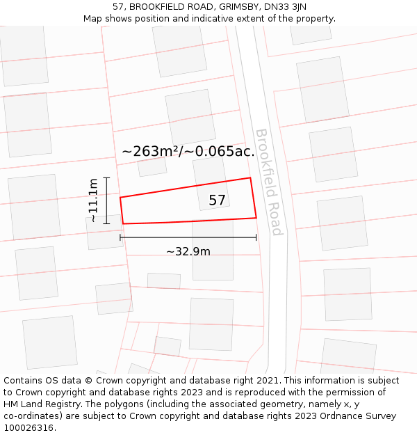 57, BROOKFIELD ROAD, GRIMSBY, DN33 3JN: Plot and title map