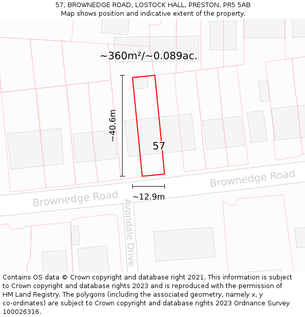 57, BROWNEDGE ROAD, LOSTOCK HALL, PRESTON, PR5 5AB: Plot and title map