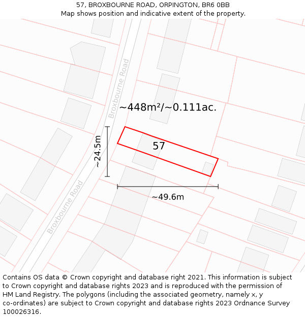 57, BROXBOURNE ROAD, ORPINGTON, BR6 0BB: Plot and title map