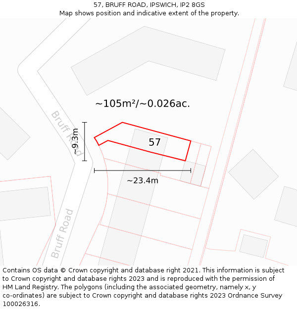 57, BRUFF ROAD, IPSWICH, IP2 8GS: Plot and title map