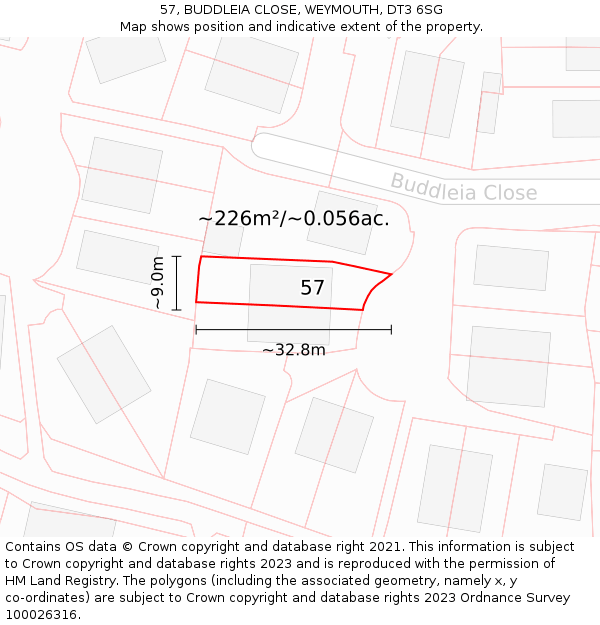57, BUDDLEIA CLOSE, WEYMOUTH, DT3 6SG: Plot and title map