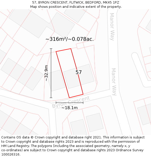 57, BYRON CRESCENT, FLITWICK, BEDFORD, MK45 1PZ: Plot and title map