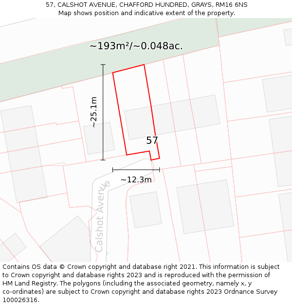 57, CALSHOT AVENUE, CHAFFORD HUNDRED, GRAYS, RM16 6NS: Plot and title map